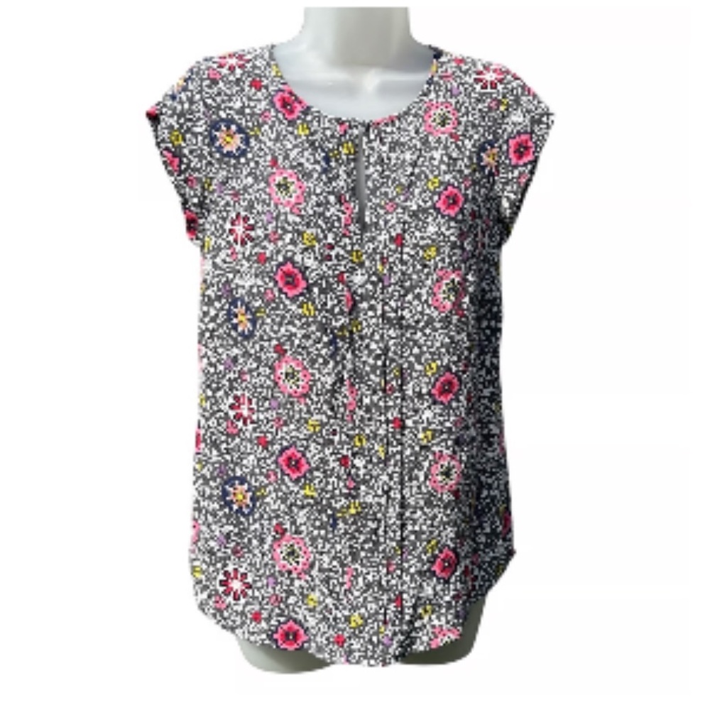 Boden Black Floral Button-Front Blouse with Pink & Yellow Accents